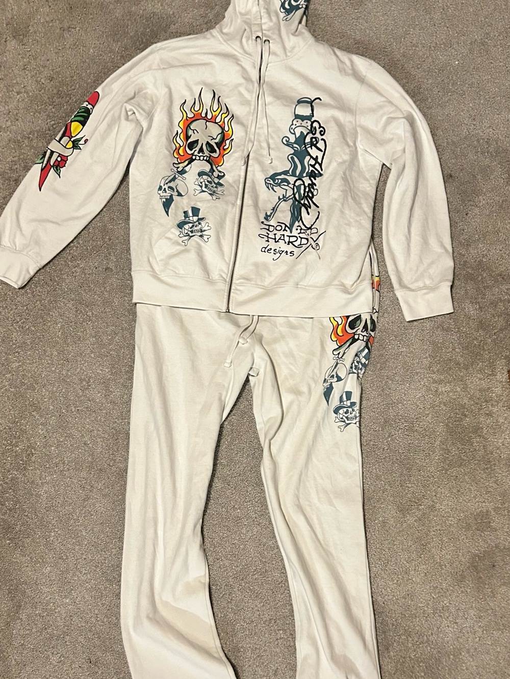 Ed Hardy Cream Zip Hoodie & Jogger Pajama Set with Tattoo Graphics